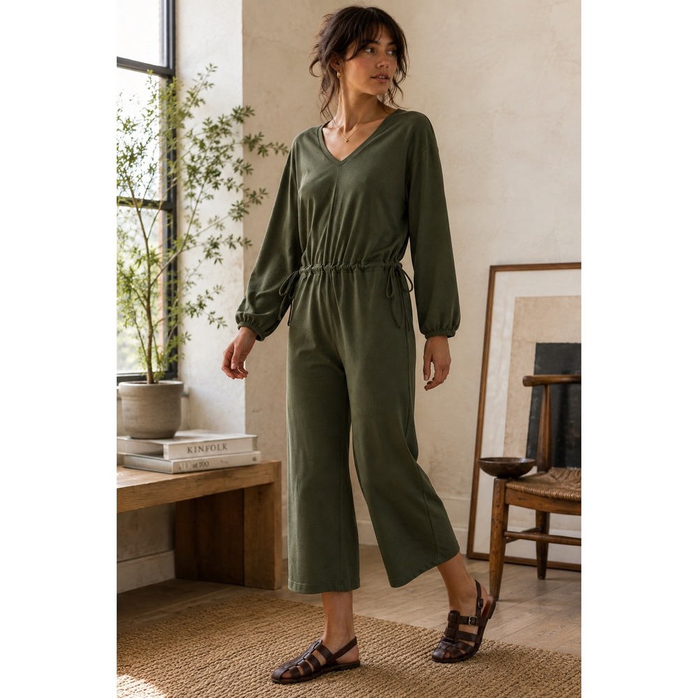 Saturday Sunday Anthropologie Knit Drawstring Waist Wide Leg Jumpsuit Olive XS